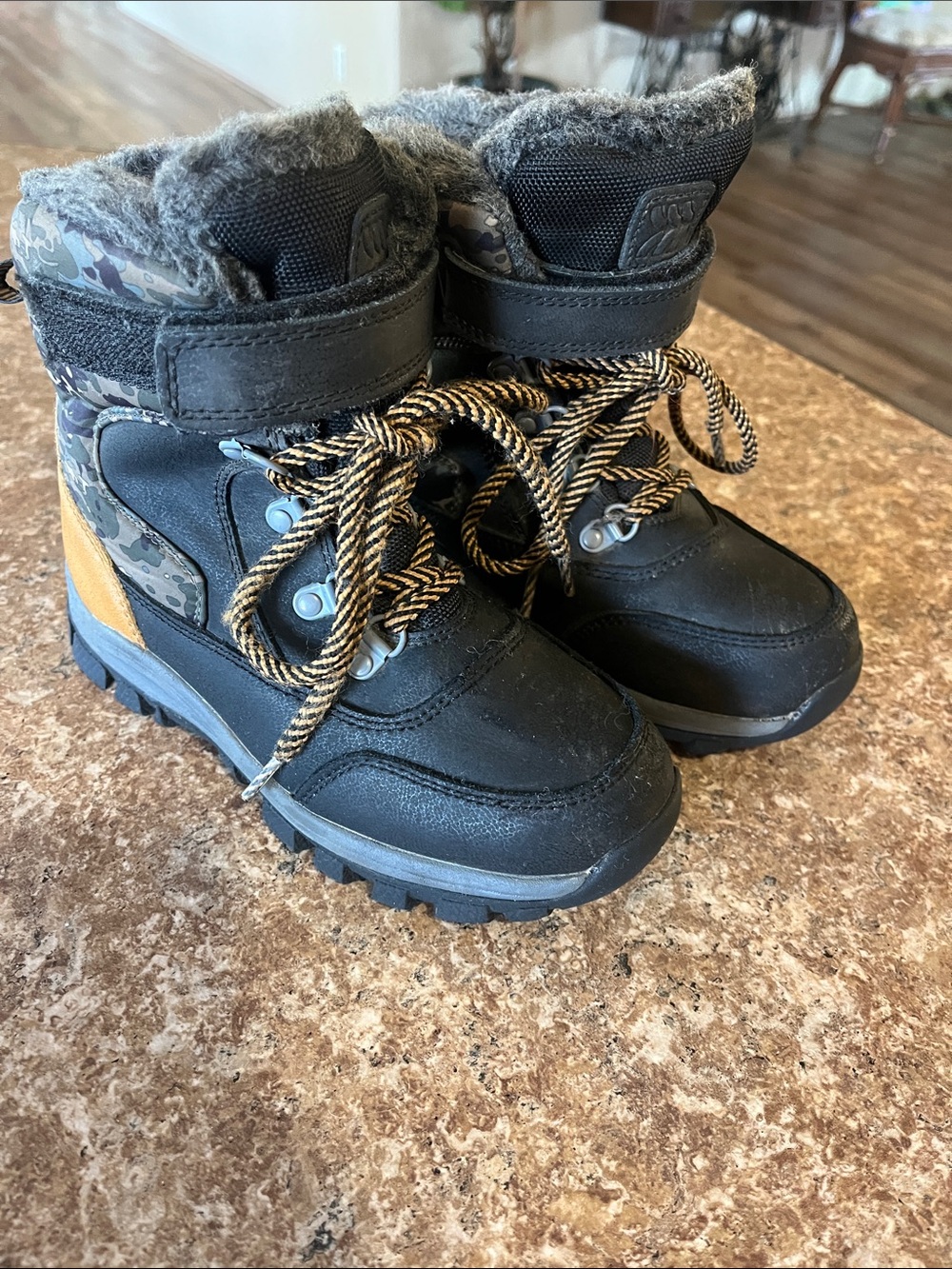 Kids Black and Tan Insulated Snow Boots with Faux Fur Trim